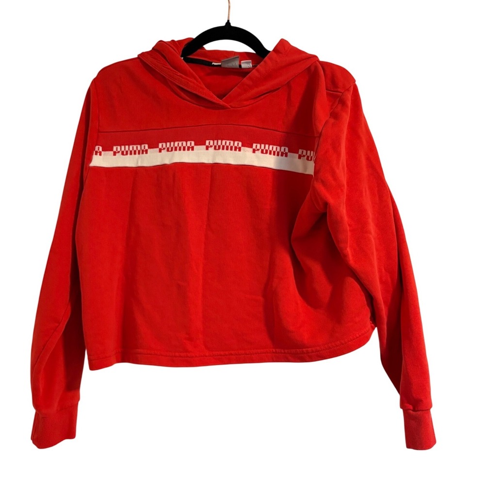 Puma Womens Red Cropped Hoodie Logo Tape Long Sleeve Pullover Sweatshirt Size M